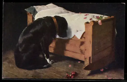 AK Trauernder Hund vor einem Kinderbett mit Rosenschmuck