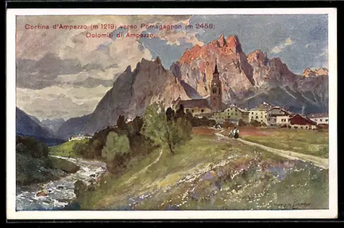 Künstler-AK Edward Harrison Compton: Cortina d`Ampezzo, Bergpanorama im Abendrot
