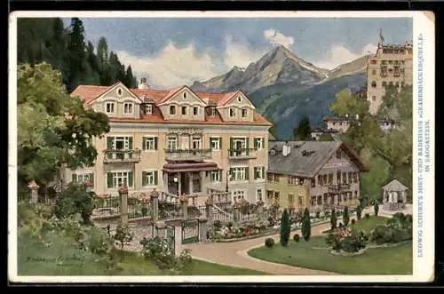Künstler-AK Edward Harrison Compton: Badgastein, Ludwig Schurk`s Miet- und Badehaus Grabenbäckereiquelle