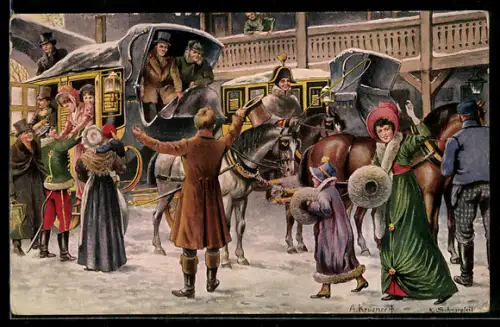 Künstler-AK Wien, Ankunft der Postkutsche im Winter anno 1837