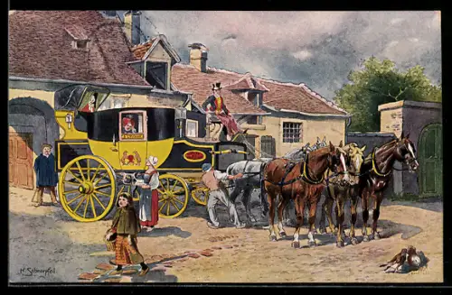 AK Postkutsche macht Station in einem Dorf, Französische Eilpost im Jahr 1840, Glückliches Neujahr!