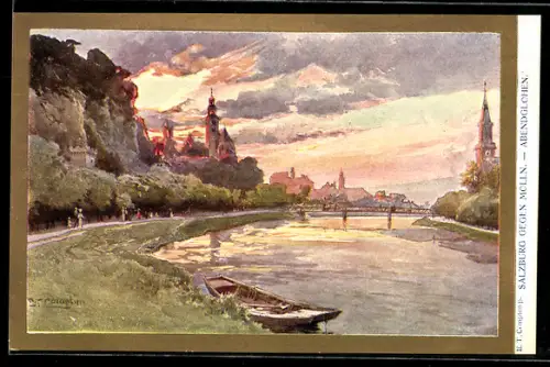 Künstler-AK Edward Theodore Compton: Salzburg, Ansicht gegen Mülln im Abendrot