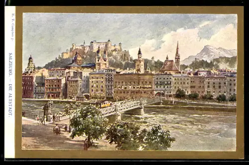 Künstler-AK Edward Theodore Compton: Salzburg, Altstadt mit Brücke