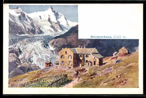 Künstler-AK Edward Theodore Compton: Glocknerhaus, Blick zum Gletscher