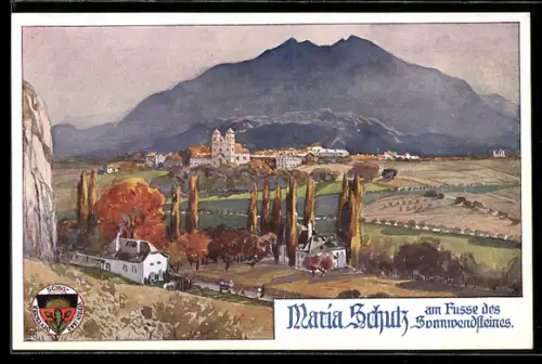 Künstler-AK Maria Schutz, Ortsansicht am Fusse des Sonnenwendsteines, Deutscher Schulverein