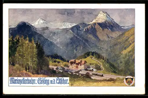 AK Deutscher Schulverein Nr. 714: Gösing a. d. Mariazellerbahn, Bahnhof mit Ötscher
