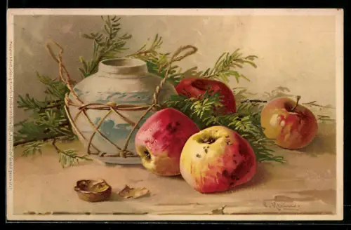 Künstler-AK Catharina Klein: Krug mit Äpfeln und Nussschale