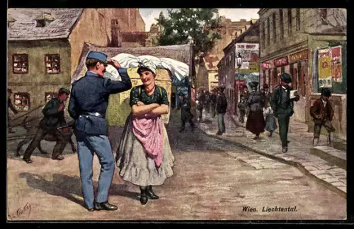 Künstler-AK Karl Feiertag: Wien, Liechtental, Soldat und Wäscherin