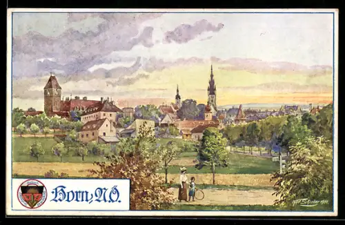 Künstler-AK Horn, Totalansicht mir Kirchturm, Deutscher Schulverein