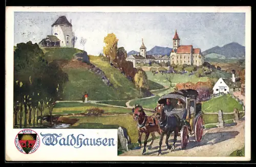 AK Deutscher Schulverein Nr. 284: Waldhausen im Strudengau, Panorama und Kutsche