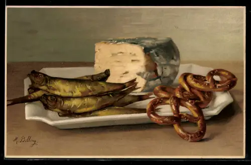 Künstler-AK M. Billing: Stilleben mit Räucherfisch und Brezeln
