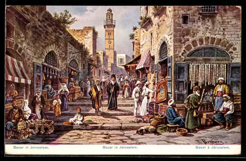 Künstler-AK F.Perlberg: Jerusalem, Basar mit verschiedenen Händlern