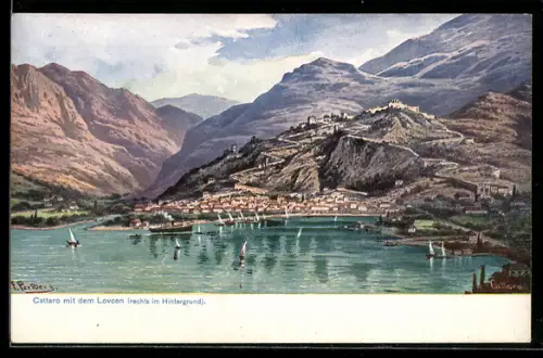Künstler-AK Friedrich Perlberg: Cattaro, Blick über das Meer auf die Stadt unter den Bergen