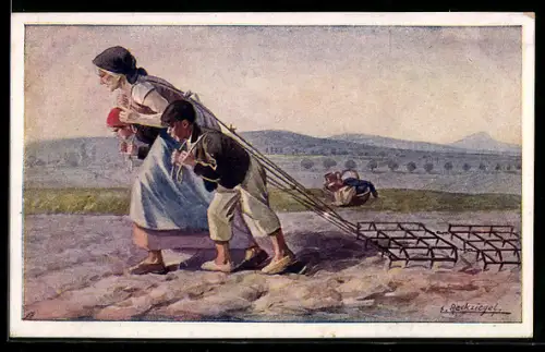 Künstler-AK Kriegsfürsorge Nr. 572 Ereck Ziegel: Mutter und Kinder bei der Feldbestellung, Rotes Kreuz
