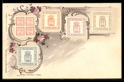 AK Briefmarken von Mecklenburg, florale Ornamentik