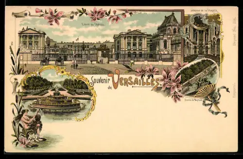 Lithographie Versailles, Entree du Chateau, Bassin de Neptune