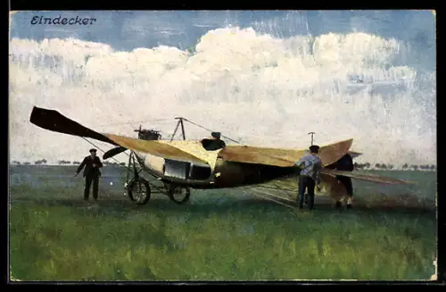 Künstler-AK Eindecker-Flugzeug wird auf einen Start vorbereitet