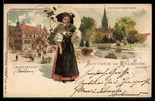 Lithographie Mulhouse, Hotel de Ville, Eglise St.Genevieve, Frau in Tracht