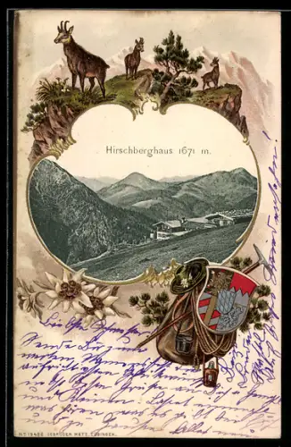 AK Hirschberghaus, Berghütte aus der Vogelschau mit Umgebung, Wappen im Passepartout