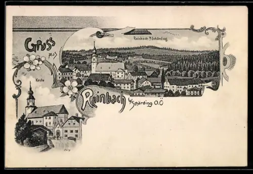 Künstler-AK Rainbach im Innkreis, Kirche, Ortsansicht mit Hügeln