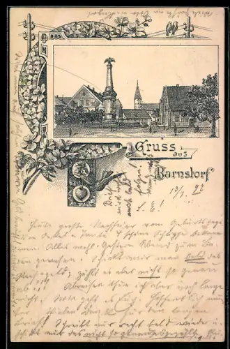 Lithographie Barnstorf, Denkmal mit Blick zur Kirche