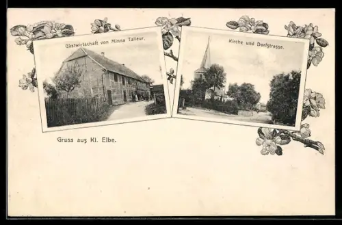 AK Klein Elbe, Gasthaus von Minna Talleur, Kirche und Dorfstrasse