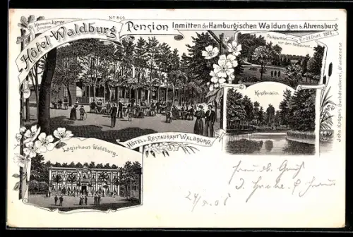 Lithographie Ahrensburg, Hotel Waldburg Pension inmitten der Hamburgischen Waldungen, Logierhaus, Karpfenteich