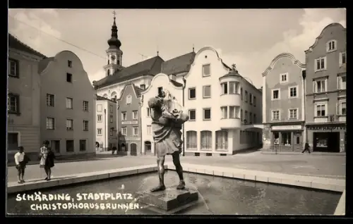AK Schärding, Stadtplatz, Christophorusbrunnen