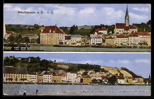 AK Mauthausen a. D., Panorama an der Donau mit Häuserzeile und Kirche