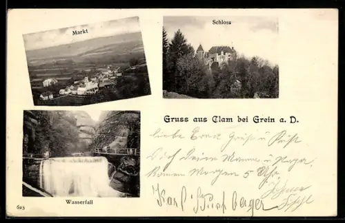 AK Clam bei Grein a. D., Markt, Schloss, Wasserfall