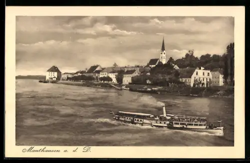 AK Mauthausen a. d. D., Donaupartie mit Dampfschiff und Kirche