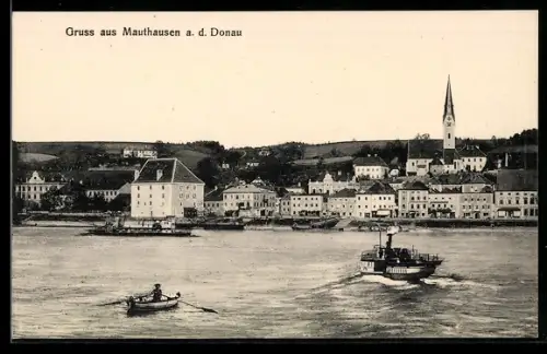 AK Mauthausen a. d. Donau, Donauufer mit Schiffen und Kirche