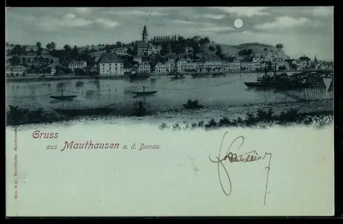 Mondschein-AK Mauthausen a. d. Donau, Panorama mit Donau, Kirche und Brücke