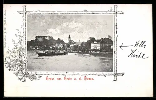 AK Grein a. d. Donau, Panorama mit Schloss, Kirche und Donauschiff