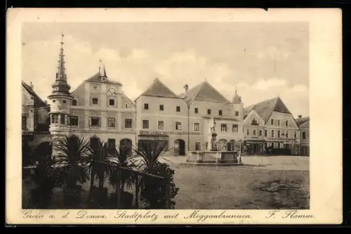 Lithographie Grein a. d. Donau, Stadtplatz mit Meggaubrunnen