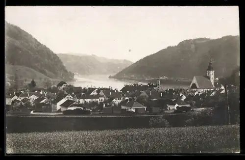AK Grein a. d. Donau, Panorama mit Kirche und Donau