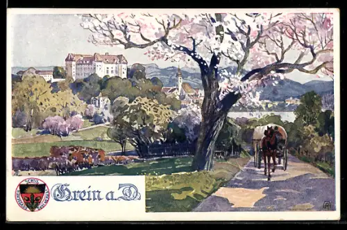 Lithographie Grein a. D., Panorama mit Schloss, Kirche und Donau