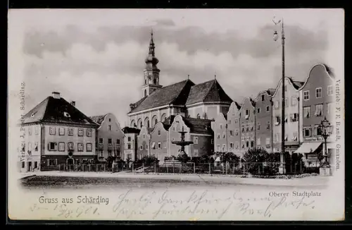 AK Schärding, Oberer Stadtplatz mit Kirche und Brunnen