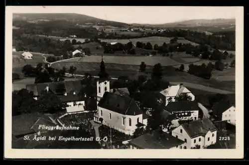 AK St. Ägidi bei Engelhartszell, Fliegeraufnahme mit Kirche und Ortschaft