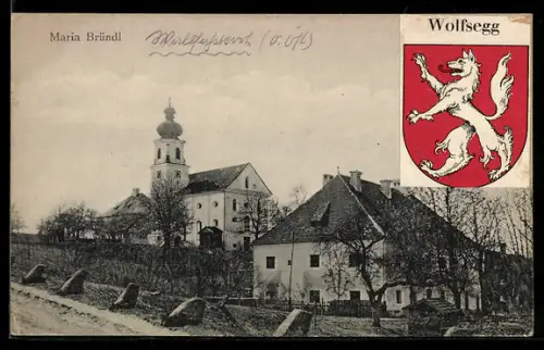 AK Raab /O.-Oe., Maria Bründl, Kirche, Papieraufkleber mit Wappen