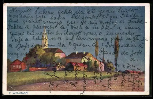 Künstler-AK Freinberg, Ortsansicht mit Kirchturm