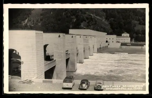 AK Engelhartszell / Donau, Kraftwerk Jochenstein, Auto Volkswagen VW Bulli & Käfer Ovali