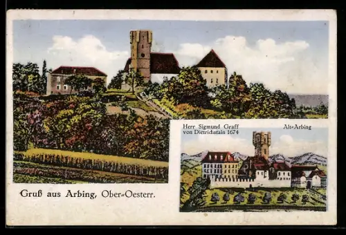 AK Arbing / Oberösterreich, Ortsansicht mit Wehrturm & Festungsmauer