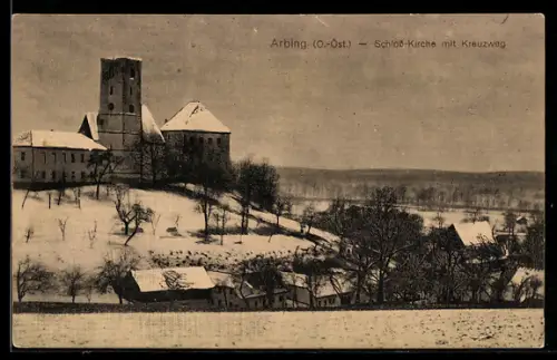 AK Arbing / Oberösterreich, Schlosskirche mit Kreuzweg