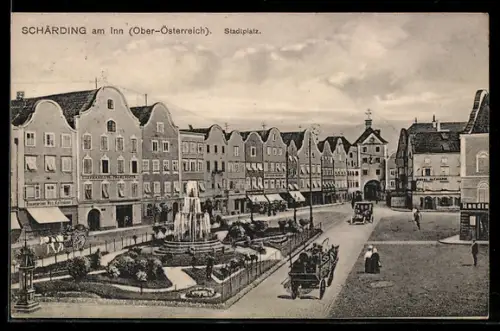 AK Schärding am Inn, Stadtplatz mit Brunnen