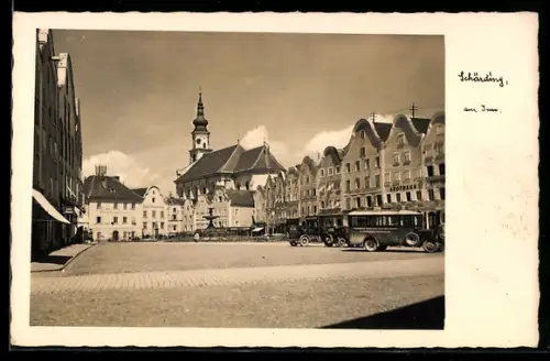 AK Schärding am Inn, Marktplatz mit Kirche und Apotheke
