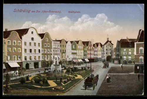 AK Schärding am Inn, Stadtplatz mit Springbrunnen