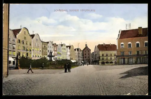 AK Schärding, Oberer Stadtplatz mit Brunnen