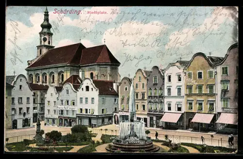 AK Schärding, Stadtplatz mit Brunnen und Kirche