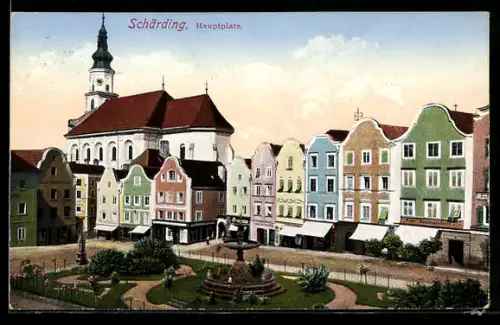 AK Schärding, Hauptplatz mit Kirche und Brunnen